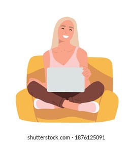 girl with laptop sitting on a chair, flat illustration isolated on white background