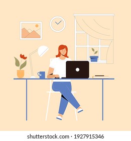 Girl with laptop sitting on the chair. Freelance or studying concept. Cute illustration in flat style.