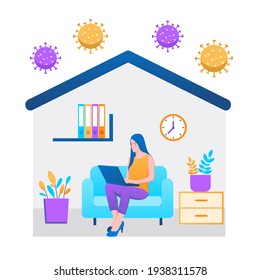 girl with laptop sitting on the chair. Freelance or studying concept. Cute illustration in flat style.