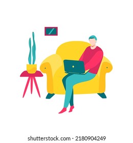 Girl with laptop sitting on the chair. Freelance or studying concept. Cute illustration in flat style.