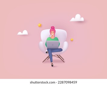 Girl with laptop sitting on the chair. Freelance or studying concept. 3D Web Vector Illustrations.