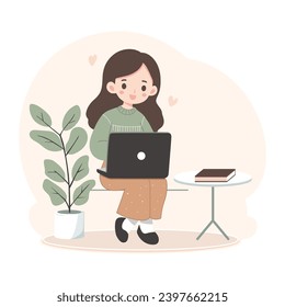 Girl with laptop sitting on the chair. Freelance or studying concept. Cute illustration in flat style.