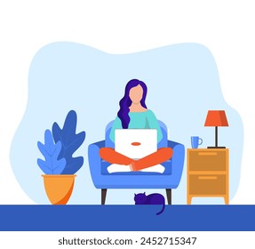 girl with laptop sitting on the chair. Freelance or studying concept. web page design template for online education, training and courses, learning, video tutorials. Vector illustration in flat style