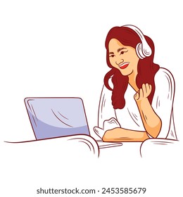 girl with laptop sitting on the chair. Freelance or studying concept. Vector flat illustration