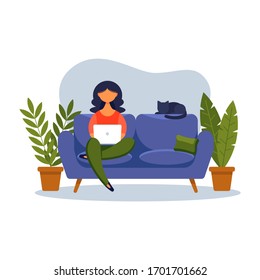 Girl with laptop sitting on the couch. Concept illustration for freelancing, studying, online education,online shopping, working from home. Vector illustration in flat cartoon style.