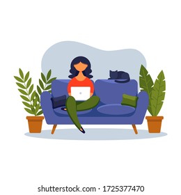 Girl with laptop sitting on the couch. Concept illustration for freelancing, studying, online education,online shopping, working from home. Vector illustration in flat cartoon style.