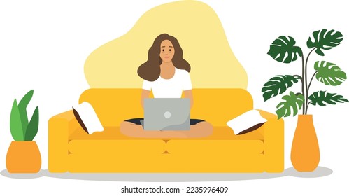 A girl with a laptop is sitting on the couch. educational.
People working from home, coworking. People at home in quarantine. Computer work. freelancing, online education or social media.