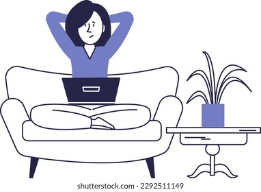 A girl with a laptop is sitting on the couch. Vector scene of home life.