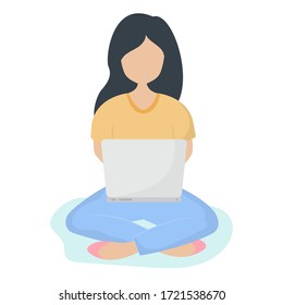 Girl with laptop sitting on the floor. Student during quarantine,  online distance education. Vector illustration.