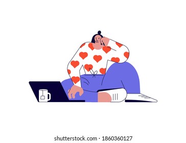 Girl with laptop sitting on the floor. Stylized Freelance or studying remotely. Flat Art Vector Illustration.