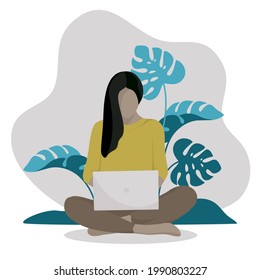 Girl with laptop sitting on the ground ,freelance or studying concept,vector style 