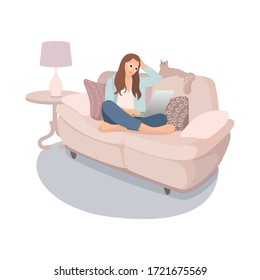 Girl with laptop sitting on the sofa. Freelance or studying concept. Cute illustration in flat style. Vector