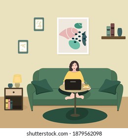 Girl with laptop sitting on the sofa and working at home. Freelance or online study concept design. Vector illustration.