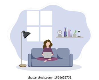 Girl with laptop sitting on the sofa. Freelance or studying concept. Cute illustration in flat style.