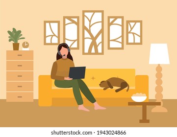 girl with laptop sitting on the sofa. Freelance Cute illustration in flat style.