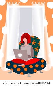 A girl with a laptop is sitting on a sofa, an armchair next to the window. Distance education, home schooling. A large window with long white curtains. Home clothes, pajamas. Interior design.