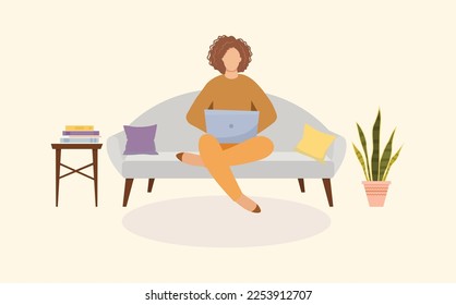 Girl with laptop sitting on the sofa. Freelance or studying concept. Vector illustration.
