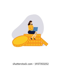 Girl with laptop sitting oncoins.  Freelance Outsourced Employee Occupation Work Activity, Online Service. Passive income, investment, finance savings,  distant work. Flat cartoon vector illustration