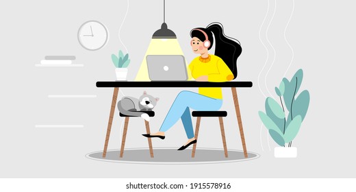 Girl with laptop sitting at the table. Freelance or work at home concept. Vector illustration in flat style.