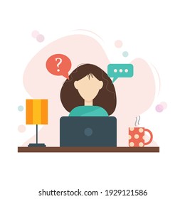 Girl with laptop sitting at the table, home office concept, using various opportunities of online communication. Cute vector illustration in flat style.