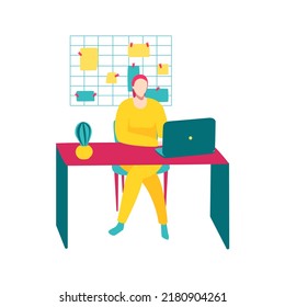 Girl with laptop sitting at the table with the planner behind his back. Freelance or studying concept. Cute illustration in flat style.