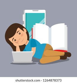 girl with laptop and smartphone with education book