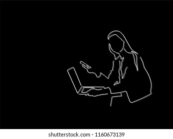 Girl with a laptop and a smartphone line drawing, vector illustration design. People collection.