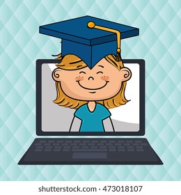 girl laptop student cap vector illustration design