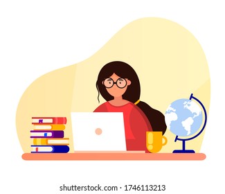 Girl with a laptop is studying. A woman with glasses sits at a table. Education concept. Online learning. Remote work. Workplace Cartoon style. Vector stock flat illustration.