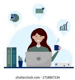 Girl with a laptop at the table. The concept of freelance or work at home. Vector illustration