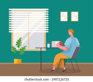 Girl with a laptop at a table indoor. Woman working at office or at home vector cartoon illustration back view. Smiling female character sitting at a desk using computer, typing, writing a message