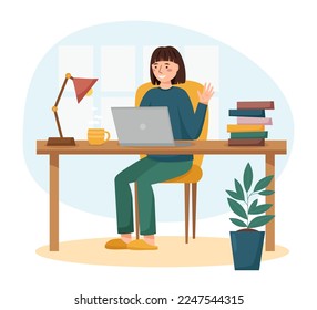 Girl with laptop at the table. Online conversation. Home office. Workplace.