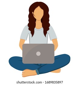 Girl with laptop. Vector illustration in flat style. Freelance or studying concept. 