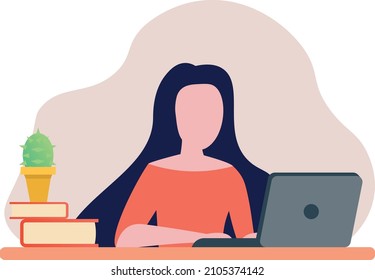 Girl laptop. Woman using a laptop. Student studying with laptop. Teenager using laptop. Vector female character illustration.