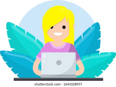 Girl with laptop. Work at computer. Smiling happy blond woman in pink t-shirt. Study and education. Cartoon flat illustration. Student at school. Green blue plant leaves