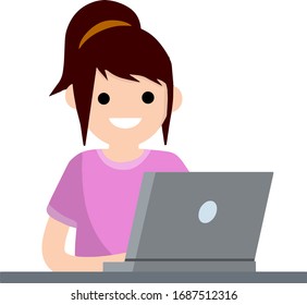 Chica con laptop. Trabaje en el ordenador. Mujer rubia sonriente con pantalones rosado. Estudio y educación. Dibujo plano de caricatura. Estudiante en la escuela