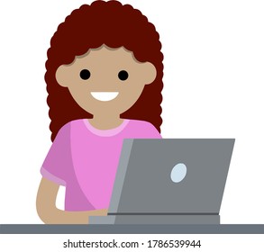 Girl with laptop. Work at computer. Smiling happy blond woman in pink t-shirt. Study and education. Cartoon flat illustration. Student at school