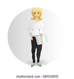 girl with a laptop, work at home, independent woman. cartoon character. vector illustration.