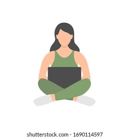 Girl with laptop working at home. Freelance vector illustration isolated on white. Studying on-line course concept. 