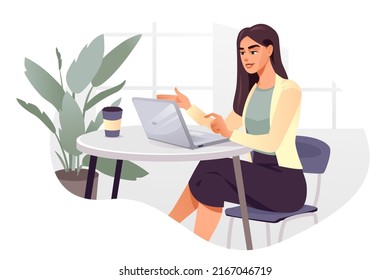 A girl with a laptop is working in the office. The girl is browsing the Internet, conversations, online conferences. Flat vector illustration.