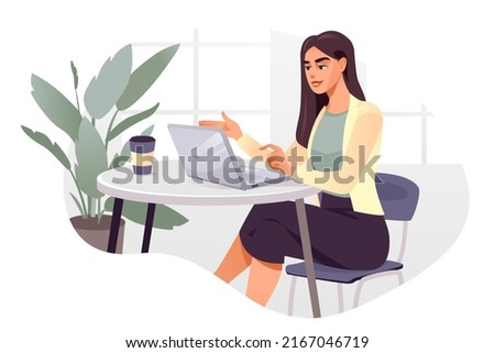 A girl with a laptop is working in the office. The girl is browsing the Internet, conversations, online conferences. Flat vector illustration.