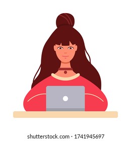 Girl with laptop. Working on computer. Working from home. Online education, home learning, home activity. Flat cartoon person character, idea of freelancer workplace. Freelance or studying concept.