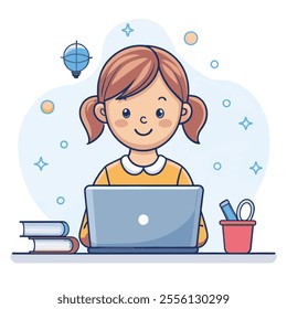 A girl a laptop in working table cartoon