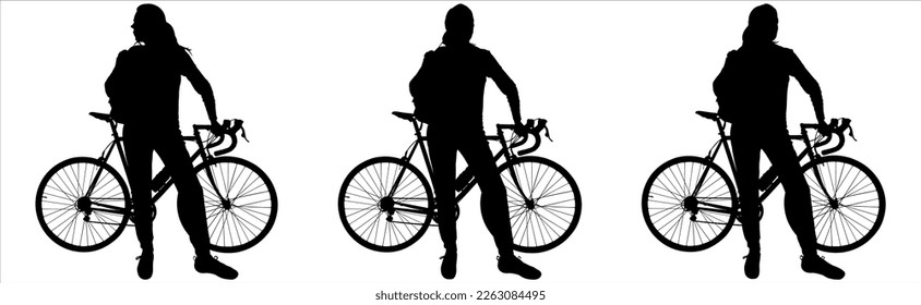 A girl with a large backpack behind her back is standing near the bike. Woman with a bicycle. Bicycle: side view, profile. Character: front view, facing the viewer. Three black silhouettes isolated