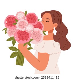 Girl with a large bouquet of pink flowers. Peonies.Mothers Day. A postcard to Mom. Spring. Women's day. 