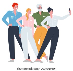 A Girl With A Large Company Taking Photos Of Herself And Friends Of Colleagues On The Phone. Fashionable Flat Vector Illustration