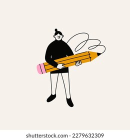 Girl with a large Pencil. Young person holding big pencil. Cute funny isolated character. Cartoon style. Hand drawn Vector illustration. Drawing, writing, creating, design, blogging concept