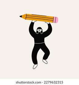 Girl with a large Pencil. Young person holding big pencil. Cute funny isolated character. Cartoon style. Hand drawn Vector illustration. Drawing, writing, creating, design, blogging concept