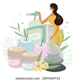Girl and a large spa set of natural cosmetics. The woman presses the disinfection button. Accessories for home spas, baths and saunas. Protected, safe face and body care concept. Isolated vector flat.