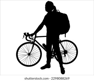 A girl with a large tourist backpack behind her is standing near a bicycle. A woman's hand holds on to the steering wheel of a bicycle. Side view. Black color silhouette isolated on white background